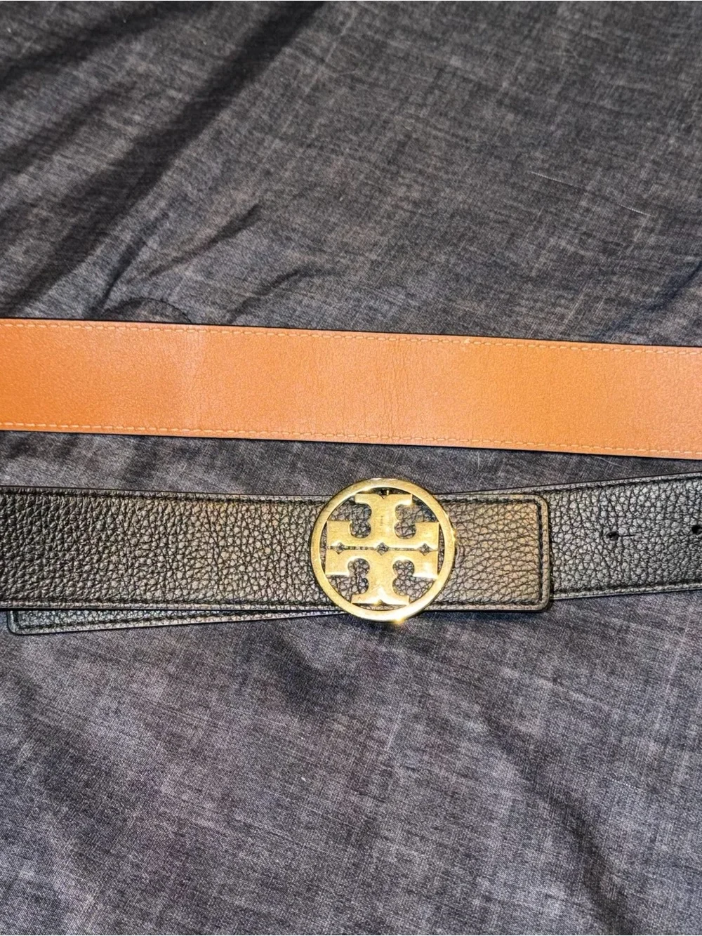 Tory Burch Reversible Leather Belt in Black and Tan with Gold Logo Buckle